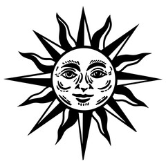 Vintage Sun Face Graphic. Sun with a face. Bohemian illustration. Mystical element for design in boho style, logo, tattoo