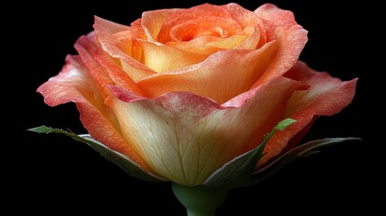 Close-up of peach and yellow rose, against black background. Delicate petals