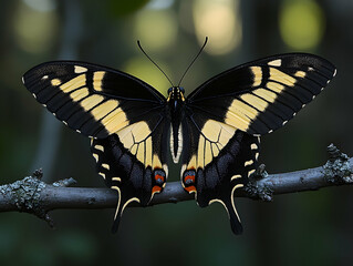 Fototapeta premium Butterfly with black and yellow pattern wings resting on a branch with green background