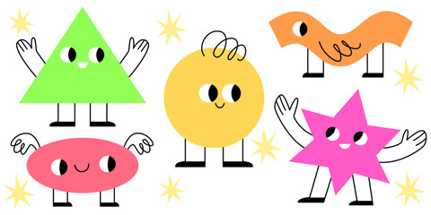 Geometric figure mascots set isolated on white background. Flat vector illustration of cute triangle, oval, circle, star, line characters with smiling faces, legs and arms, early education symbols
