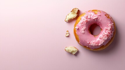 Delicious Pink Iced Doughnut with Crumbled Sprinkles on Soft Pink Background Ideal for Sweet Treat Promotions