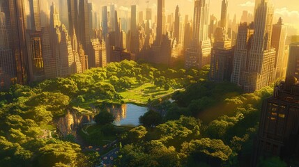 Obraz premium metropolis surrounds the vibrant green of a summer park, its skyscrapers reflecting the golden morning light.