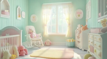 peaceful nursery filled with pastel-colored walls, soft stuffed toys, and a cozy rocking chair that completes the soothing ambiance