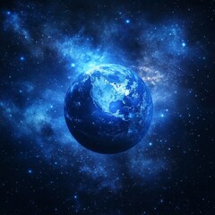 Naklejka premium Blue Planet Earth in a Cosmic Nebula, Dark Space Background