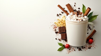 Delicious Hot Chocolate Drink with Whipped Cream, Cinnamon Sticks, Chocolate Chips, Mint Leaves and Crunchy Toppings