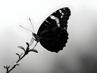 Butterfly with intricate wing patterns resting on a twig with small leaves in monochrome