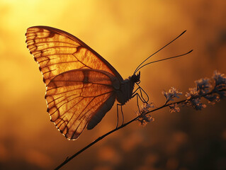 Obraz premium Butterfly with intricate wings perched on a delicate flowering branch bathed in a warm light