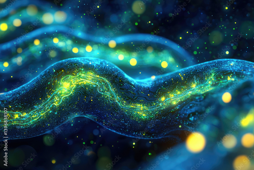 Poster abstract glowing circuit board with wavy design, illuminated by scattered yellow and green lights, c