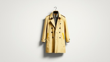 Stylish yellow trench coat with black accents on hanger against a neutral wall background for fashion presentations