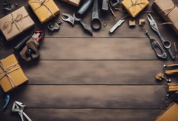 background fathers tie theme space view rustic border wood tools top day copy banner gifts corner empty love father attaching blue frame decor present culture tool wooden masculine necktie decoration