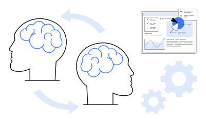 Two brain diagrams with directional arrows signify knowledge exchange. Nearby, a data dashboard and gears highlight teamwork, learning, growth, and process optimization. Ideal for education