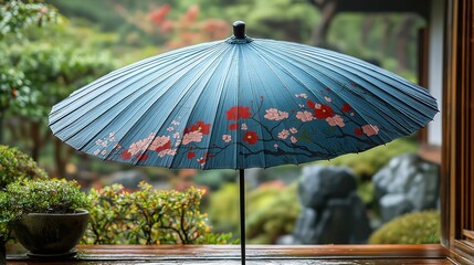 Traditional handcrafted paper umbrella with intricate floral patterns set against a serene garden backdrop