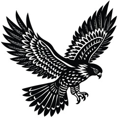 Soaring Eagle Black and White Silhouette with Spread Wings and Intricate Feather Details