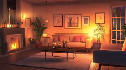 chic and modern living room with stylish decor and ambient lighting that creates a cozy and peaceful atmosphere as the evening begins.