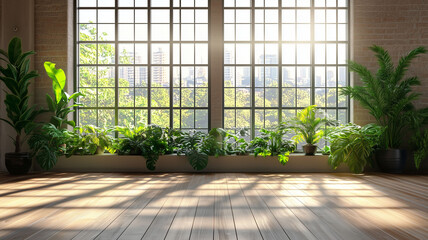 Spacious Loft with Floor to Ceiling Windows and Natural Light Featuring Lush Green Plants on Wooden Flooring (3)