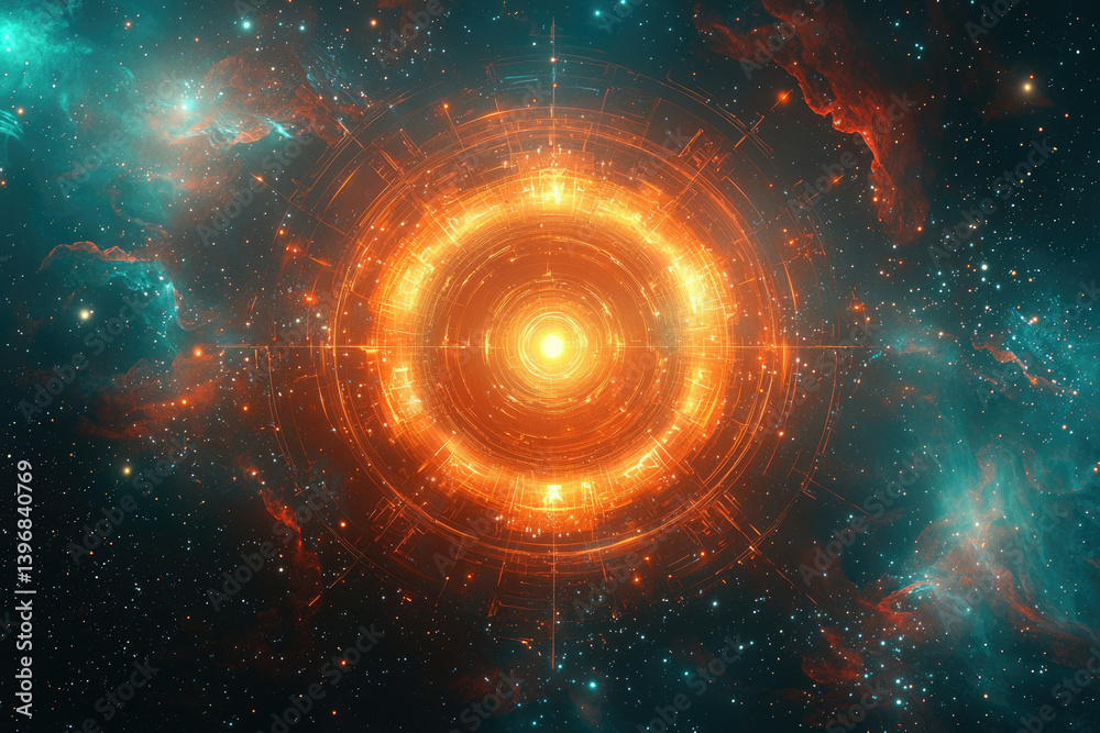 Poster a dazzling, glowing portal-like structure emerges in a vibrant galaxy, surrounded by swirling nebula