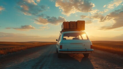 classic touring car with suitcases on the roof, set against a breathtaking sunset, captured in a wide angle shot that showcases the beauty of the moment.