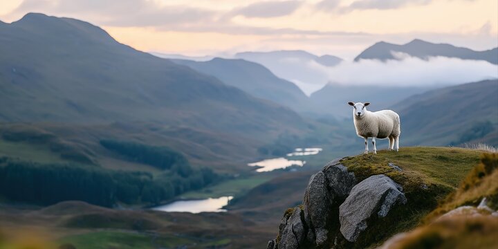 Sheep on cliff edge at sunset in mountainous landscape