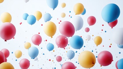 Colorful balloons float and confetti in air.