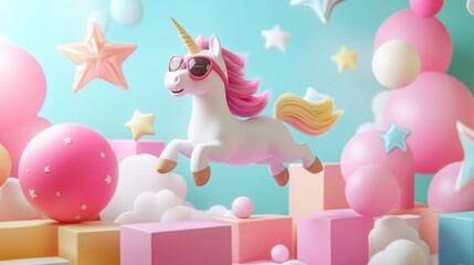 Obraz premium Flying unicorn with sunglasses, pastel balloons & stars.