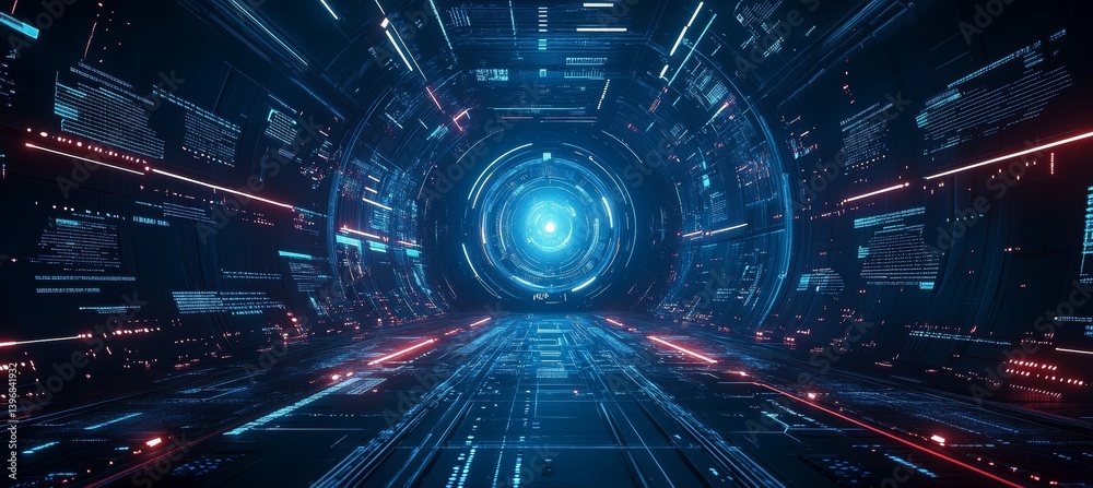 Aufkleber Digital virtual cyberspace portal tunnel. Virtual data wireless transfer. Time speed future warp travel. Generative AI technology.
