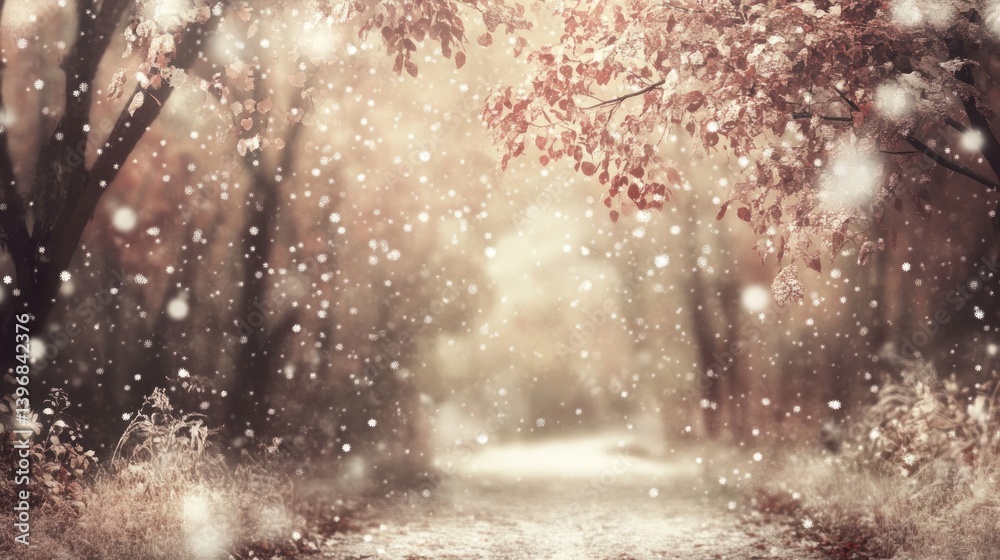 Poster snow falling in a tranquil autumn forest path.