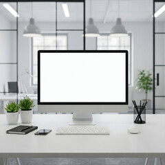 Modern office desk with blank screen computer monitor, Computer all-in-one with a blank screen front in industrial loft green ecological office interior.