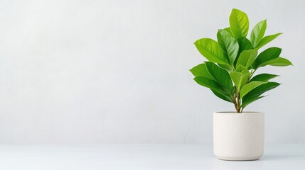 A potted green plant with lush leaves sitting on a white surface against a minimalist light grey background, and indoor decor concept.