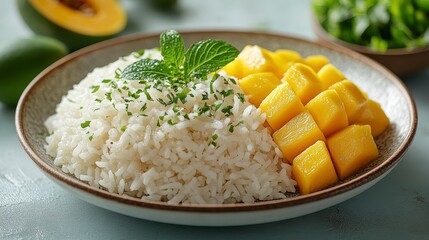 Rice and mango chunks presented on a plate with mint garnish