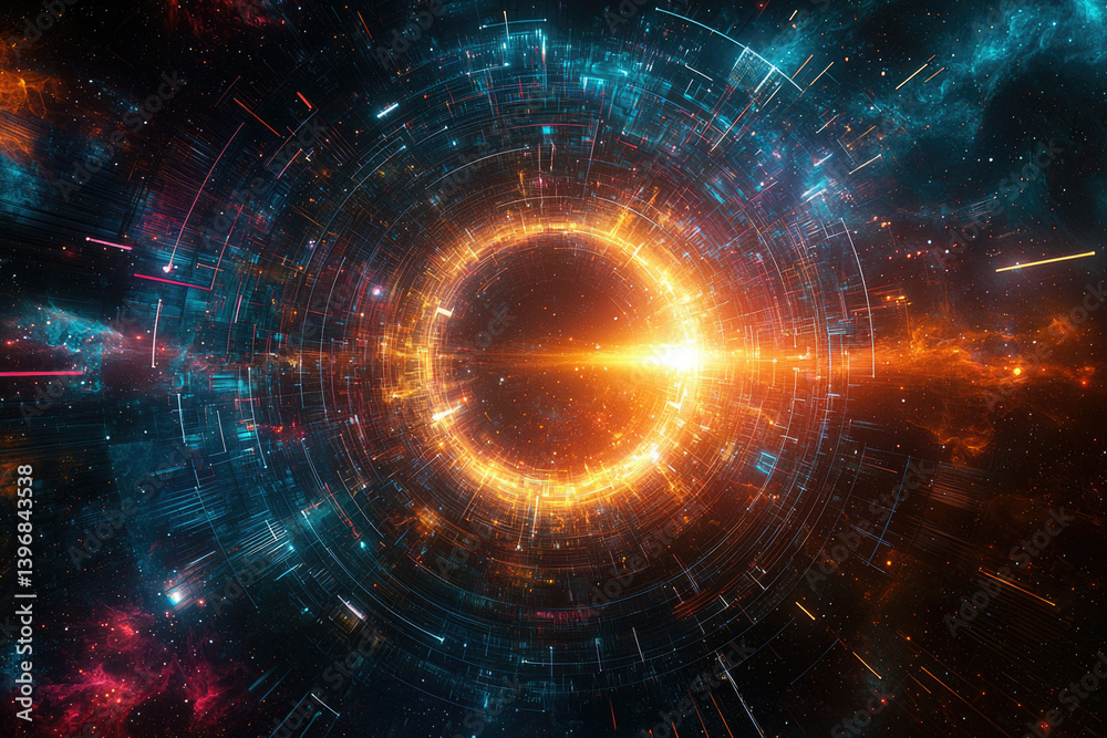 Aufkleber A mesmerizing cosmic vortex with vibrant hues, showcasing a mesmerizing tunnel through space and time with abstract technological elements.