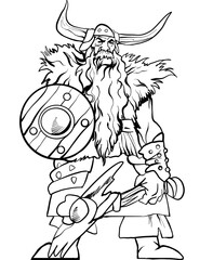 A powerful old Viking Norse warrior with a long beard stands ready for battle, clutching his mighty axe and shield. Black and White Viking Character sketch Vector Art in transparent background.