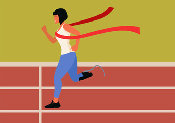 Obraz premium A female runner with a prosthetic leg is the first to cross the finish line with a red ribbon.