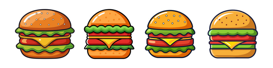 Delicious cartoon burgers of varying sizes and layers illustration
