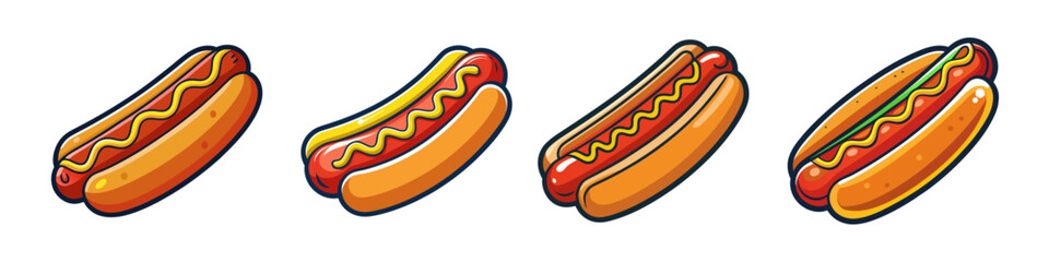 Delicious Hot Dogs with Mustard and Relish Cartoon Illustrations
