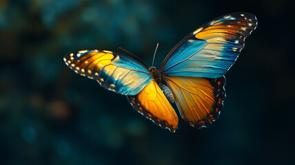 Fototapeta premium Stunning Butterfly with Blue Yellow and Orange Wings Captured Mid Flight in Natural Light (6)