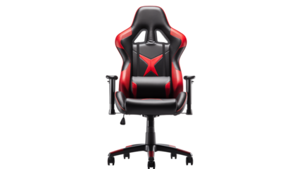 A front view of a black and red gaming chair on black background