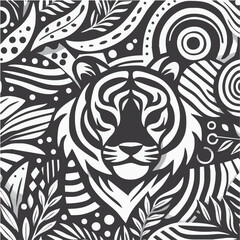 Abstract seamless pattern with tribal tattoo featuring a wildcat face, tiger and lion design, black and white illustration of a fierce feline symbol