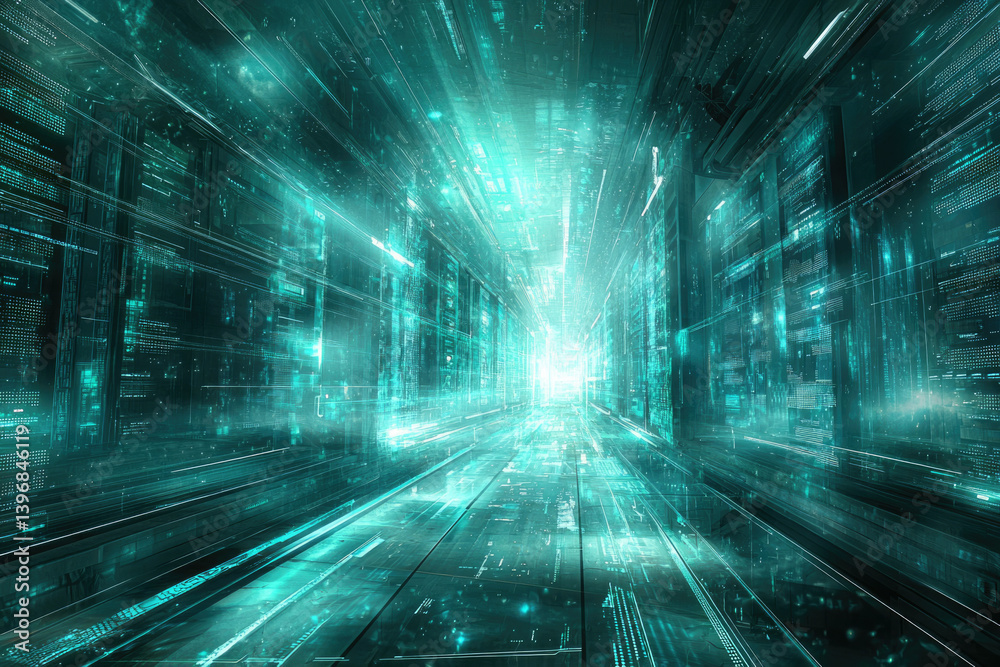 Poster An abstract, futuristic tunnel bathed in teal light, suggesting a journey through technology, data, or a digital landscape with glowing lines and patterns.