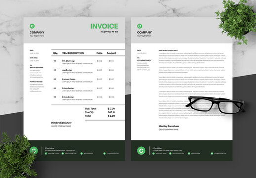 Green And Black Invoice And Letterhead