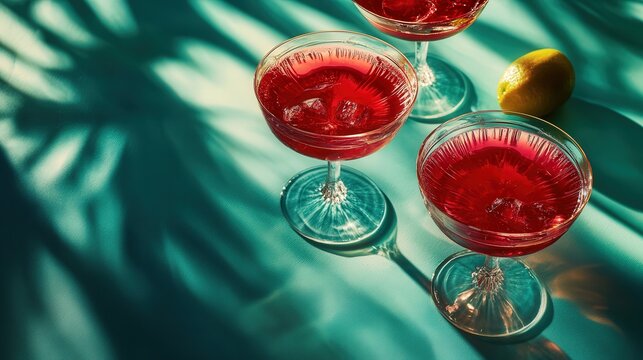 exotic summer cocktails with intense colors like deep red and turquoise, perfect for sipping on a summer evening.