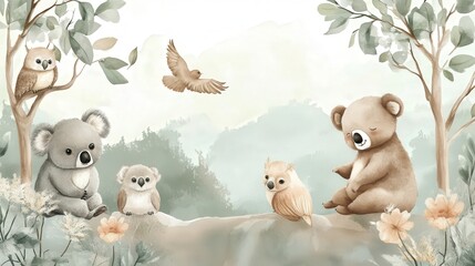 children's room mural with a soft color palette, featuring adorable animals like bears, koalas, and owls, creating a peaceful and welcoming atmosphere.