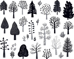 Fototapeta premium Stylized tree silhouettes, nature design elements, white background, craft project