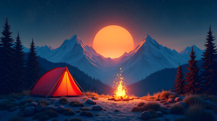 Digital Illustration of Mountain Camping at Dusk Featuring Starry Sky, Pine Trees, and Warm Firelight for Decor