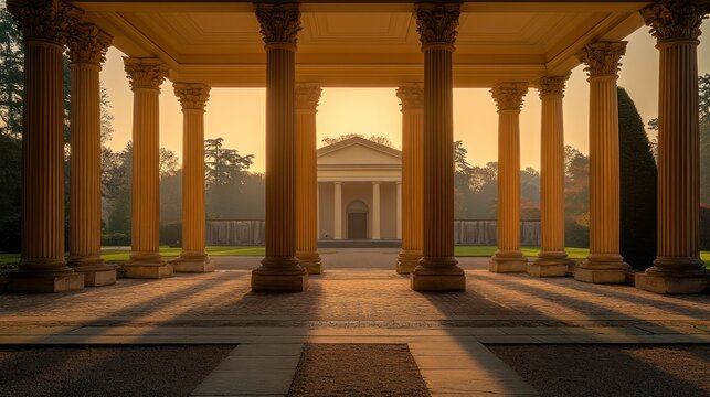 Golden hour bathed colonnade, sunlit temple