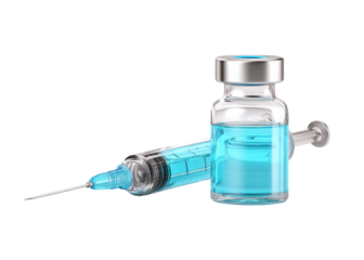 Vaccine vial and syringe with blue liquid. Concept for vaccination, immunization, and medical treatment.