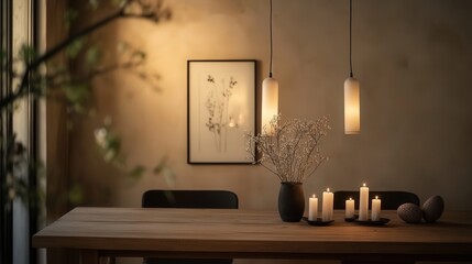 Easter dining room with minimalist decor, featuring a simple wooden table, hanging lights, and candles softly illuminating the space.