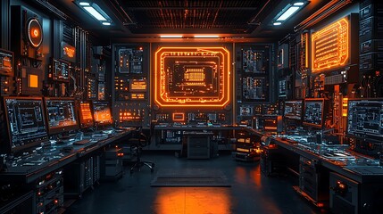 Futuristic technology control room glowing with neon lights high resolution image