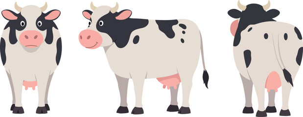 Three playful black and white cows in a flat design style showcasing their unique features in a whimsical vector illustration