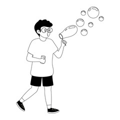 Child blowing bubbles with a bubble wand in a playful outdoor setting during sunny weather