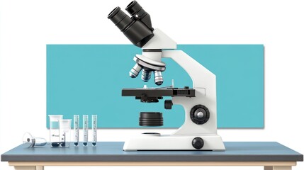 Fototapeta premium White microscope on lab table with test tubes.